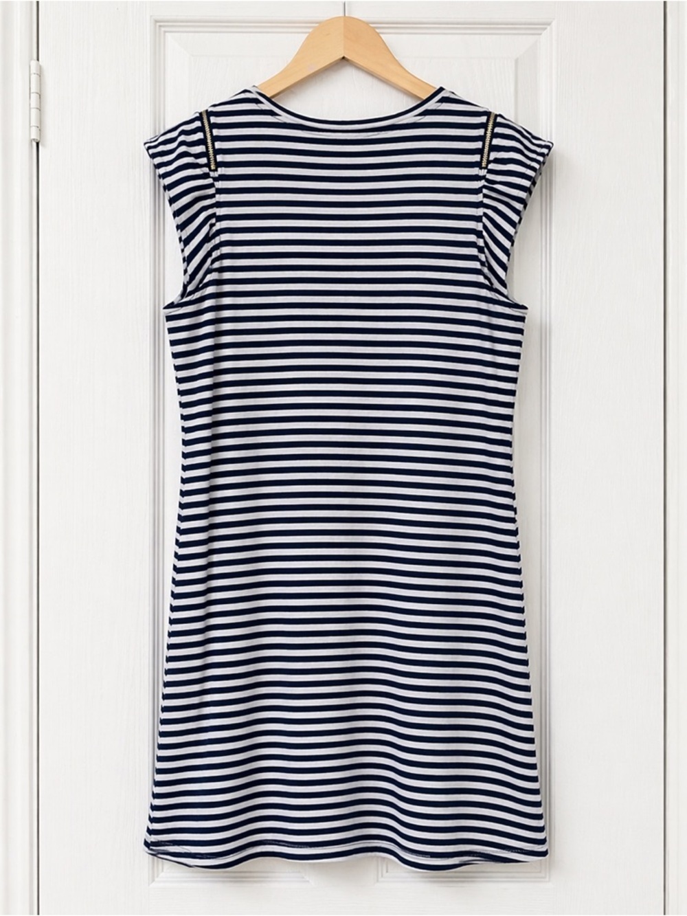 Michael Michael Kors Striped Dress L  Navy White Zip Shoulder Nautical Stretch - Picture 3 of 7